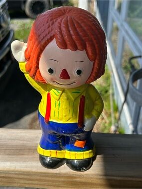 Vintage Raggedy Ann Andy Piggy Coin Bank w/ Stopper Hard Plastic 8" Tall